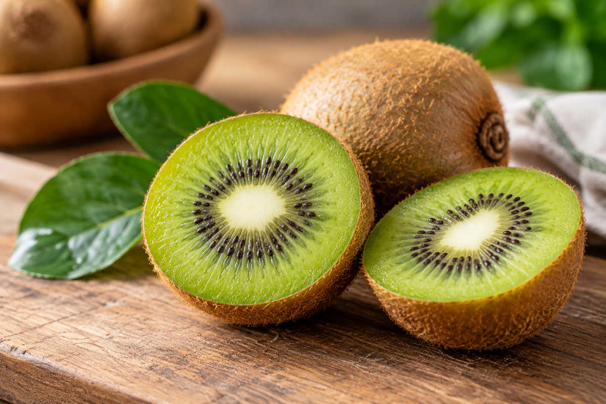 kiwi-intestino-vitamina-c Kiwi intero e tagliato a metà, fonte di fibre e vitamina C