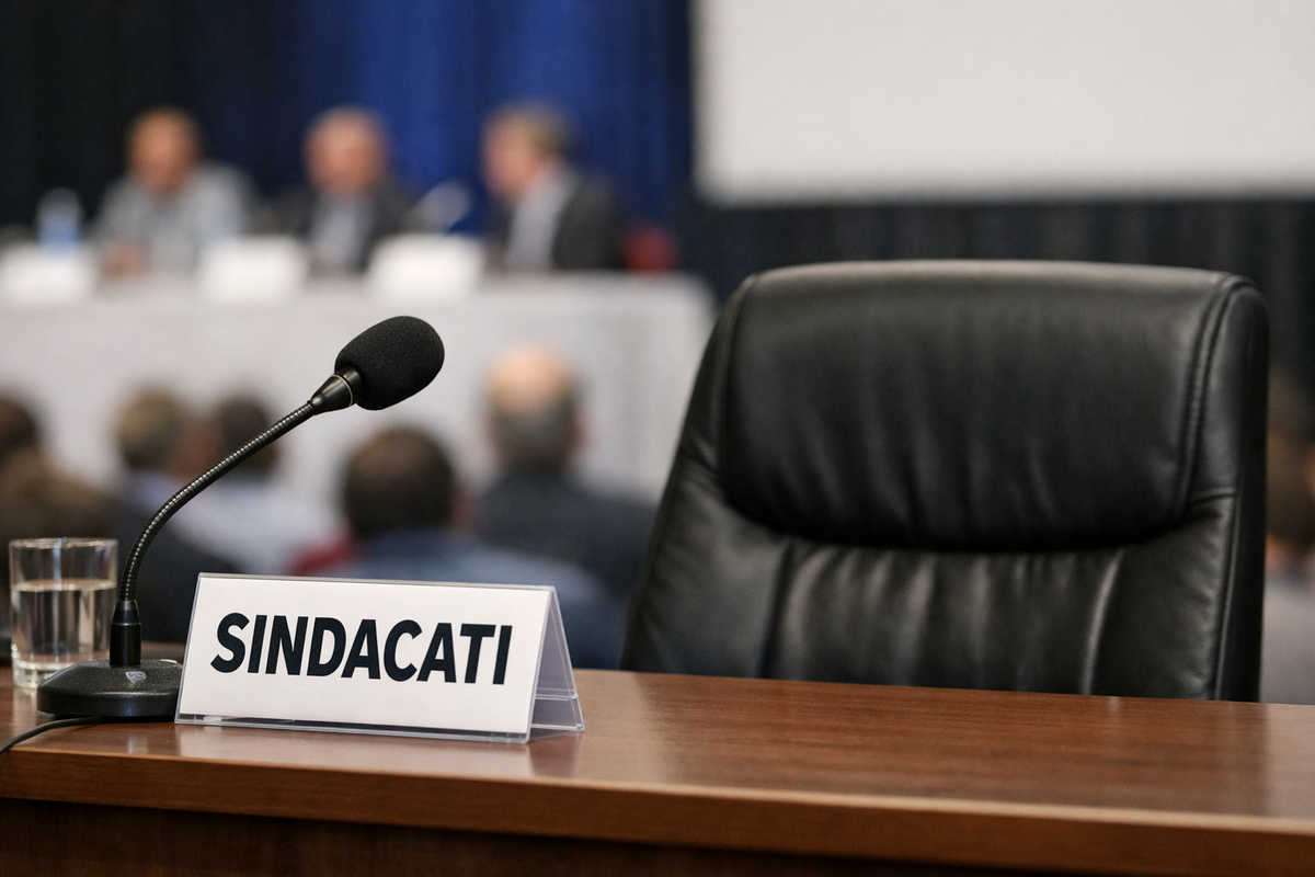Sindacati-Sedia vuota e microfono al tavolo