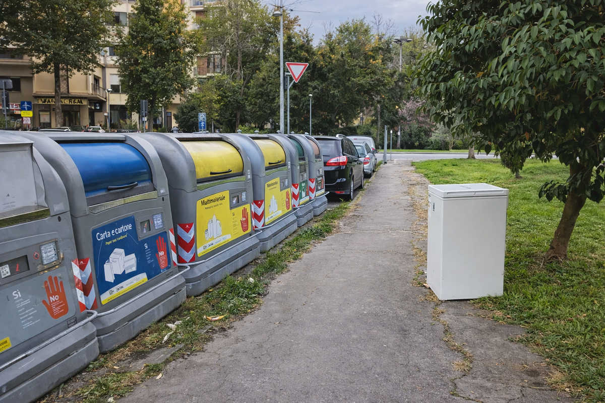 Frigo abbandonato accanto ai bidoni