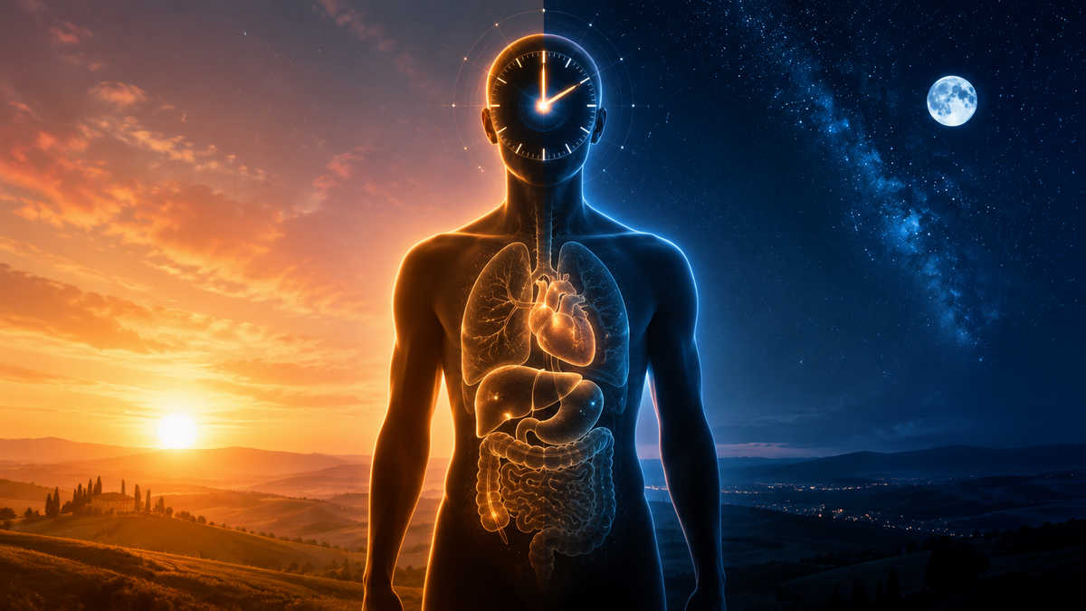 Figura umana divisa tra alba e notte con orologio biologico e organi interni