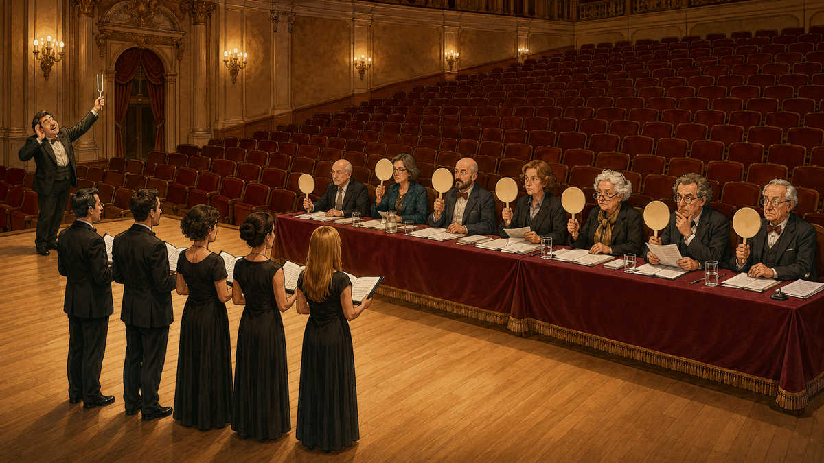 Piccolo coro davanti a una giuria numerosa e alla platea vuota
