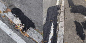 Rattoppi di asfalto su strada, cordolo e segnaletica in Piazza San Donato ad Arezzo