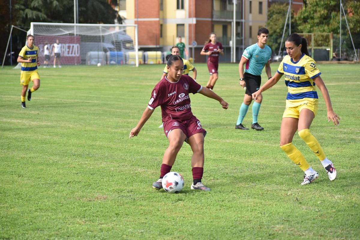 acf-arezzo-parma-coppa-italia-2026 Una fase di ACF Arezzo-Parma di Coppa Italia Women al Bruno Nespoli