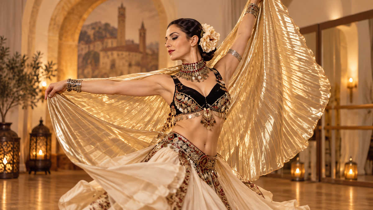 danza-orientale-arezzo-prem-mahan Ballerina di danza orientale con ali dorate, immagine illustrativa per i corsi di Prem Mahan ad Arezzo
