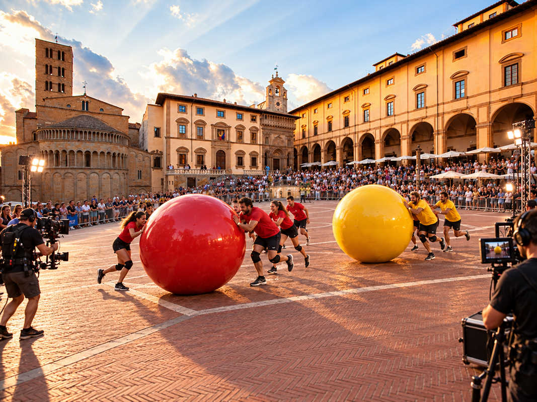 lets-play-ball-arezzo-piazza-grande-ai Immagine illustrativa di Let’s Play Ball in Piazza Grande ad Arezzo con due grandi sfere rossa e gialla