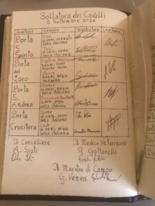 Il registro della bollatura dei cavalli della Giostra del Saracino del 5 settembre 2026
