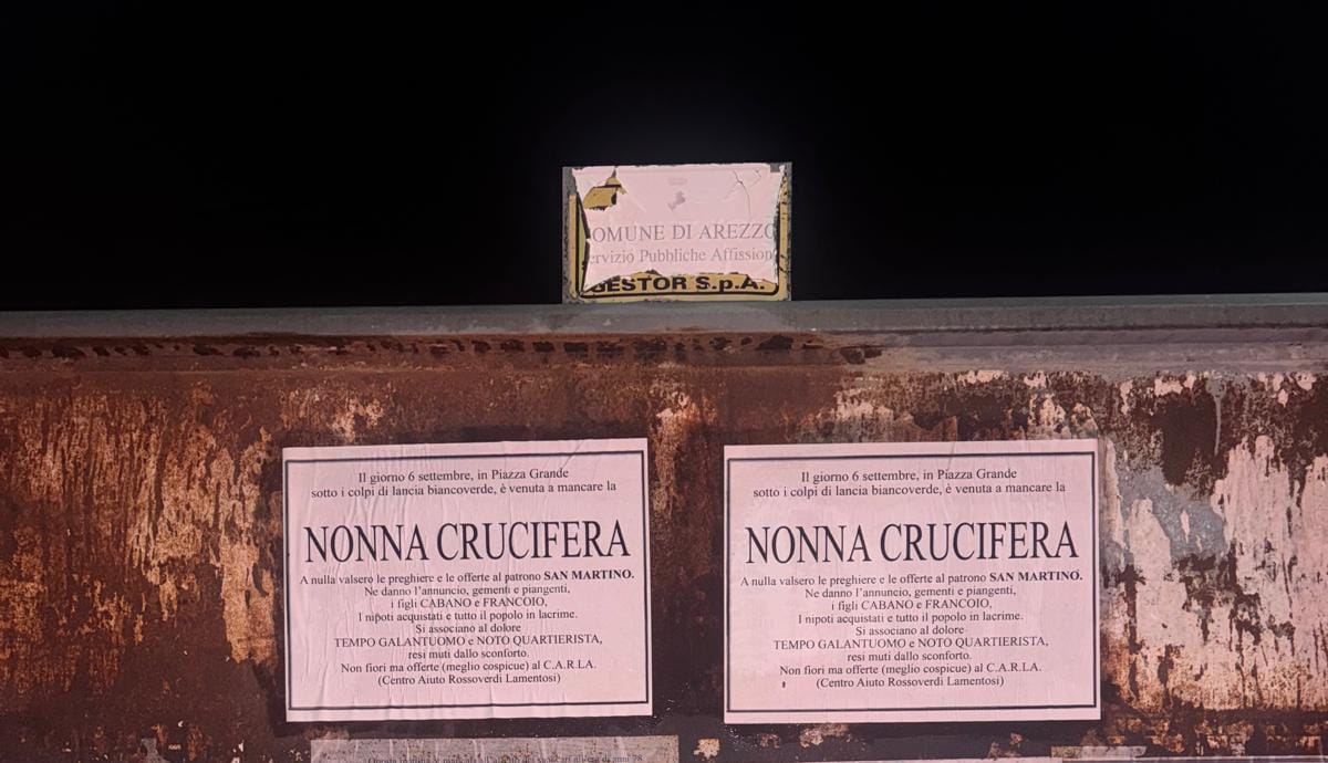 manifesti-nonna-crucifera-sfotto-giostra-arezzo Manifesti satirici “Nonna Crucifera” affissi ad Arezzo dopo la Giostra del Saracino