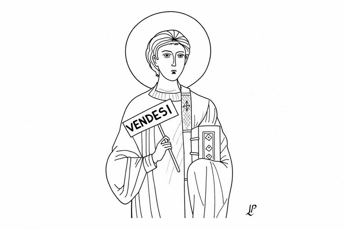 Vignetta di Lambardi sul futuro del convento di San Lorenzo a Bibbiena con il cartello Vendesi