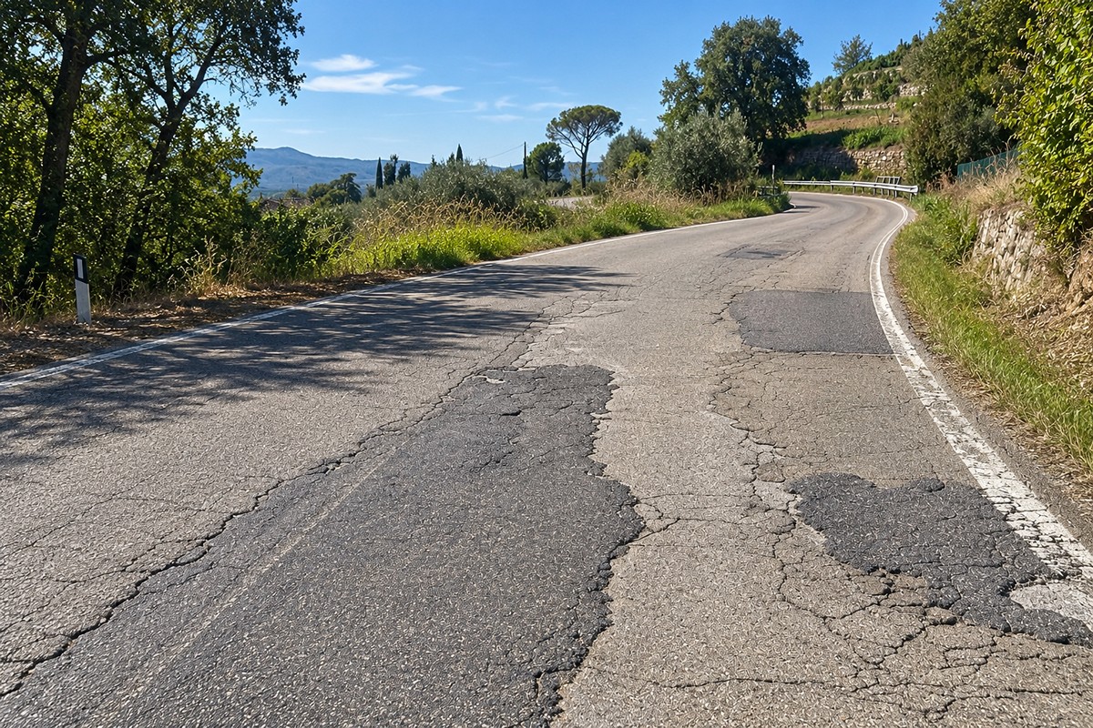 setteponti-campogialli-traiana-asfalto-2026 Asfalto deteriorato e rattoppi sulla SP1 Setteponti tra Campogialli e Traiana