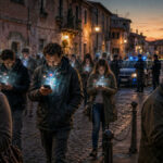 Se volete sballarvi, fate pure: tanto siamo già tutti fatti Persone immerse negli smartphone in una scena satirica sulle dipendenze digitali e sociali