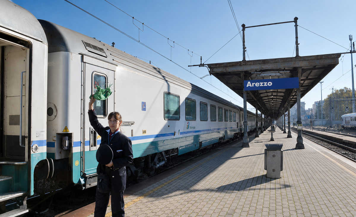 Capotreno alza il segnale verde accanto a un convoglio fermo alla stazione di Arezzo.