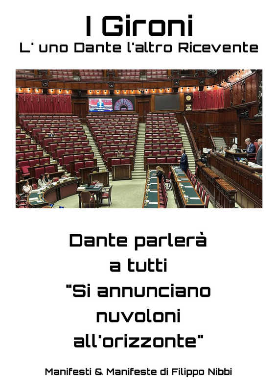 I Gironi di Filippo Nibbi, manifesto satirico con l'aula della Camera dei deputati e un gioco di parole su Dante