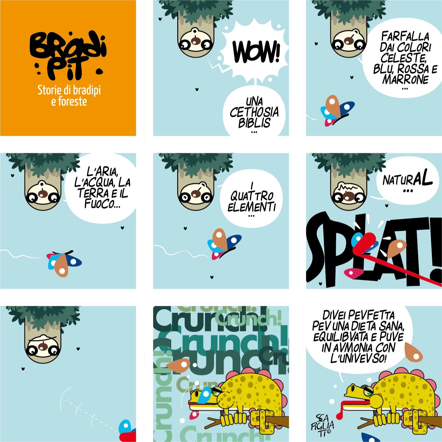 Vignetta di Giuseppe Scapigliati: Bradi Pit osserva una farfalla Cethosia biblis nella foresta.
