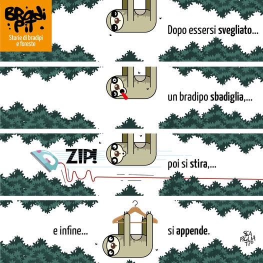 Vignetta di Giuseppe Scapigliati: Bradi Pit si sveglia, sbadiglia, si stira e infine si appende a un ramo.