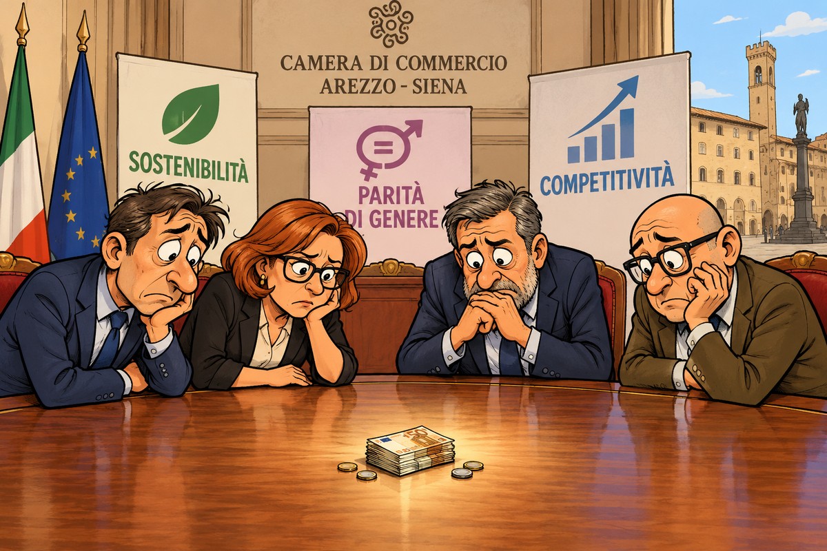 arezzo-bando-certificazioni-11000-euro Vignetta satirica sui contributi della Camera di Commercio alle imprese della provincia di Arezzo.