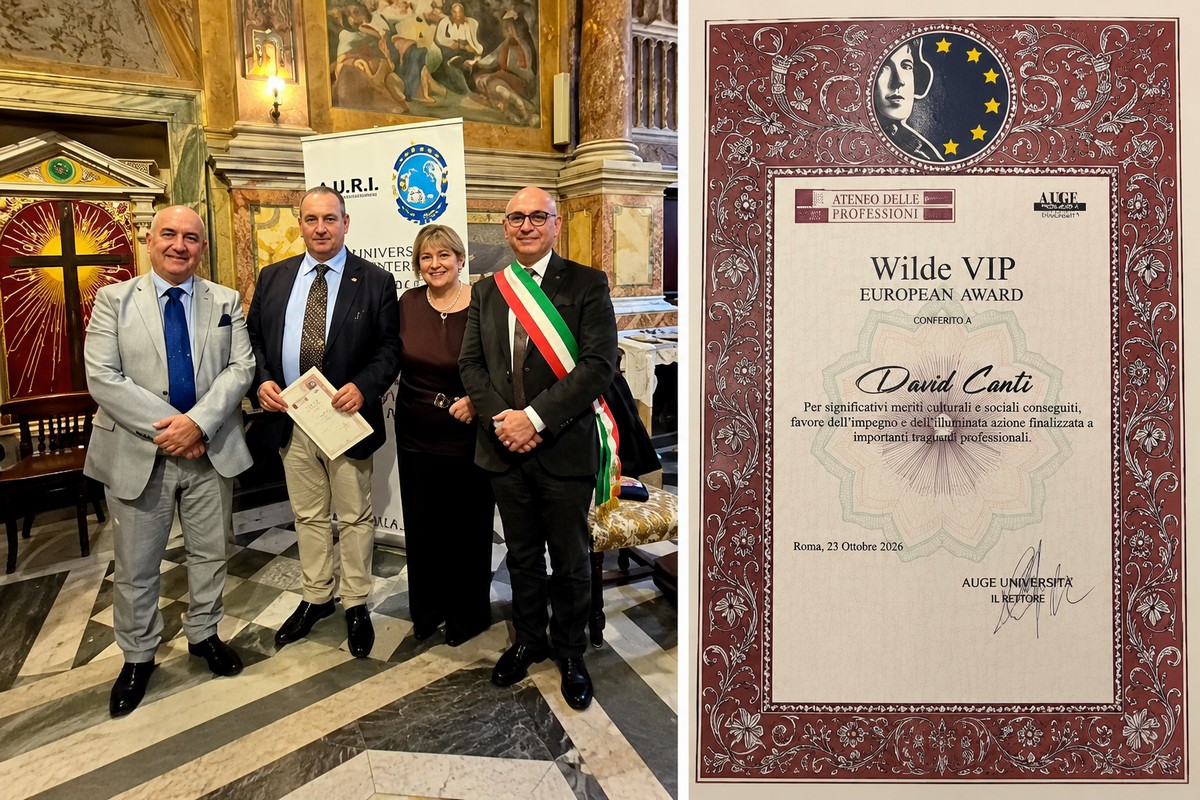 david-conti-wilde-vip-2026-foto-attestato David Conti alla cerimonia del Wilde VIP European Award 2026 a Roma, accanto all'attestato ricevuto.