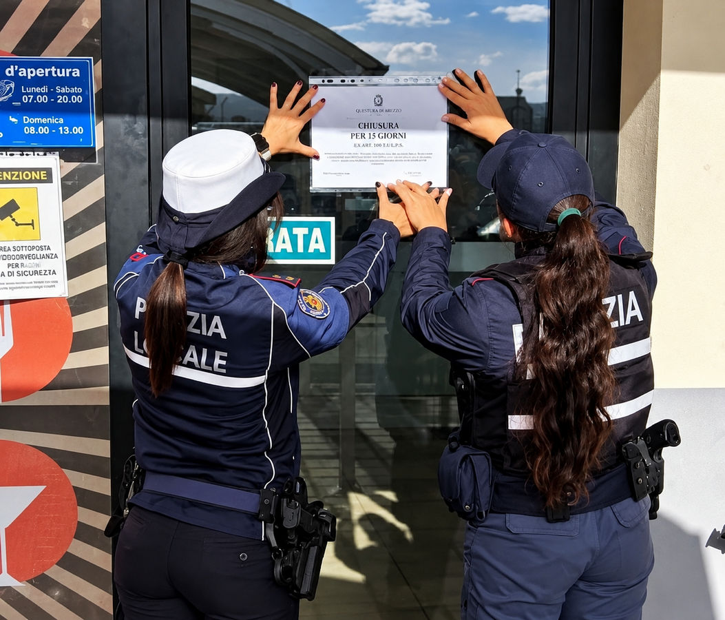 Agenti della Polizia applicano un provvedimento di chiusura sulla porta di un esercizio pubblico.