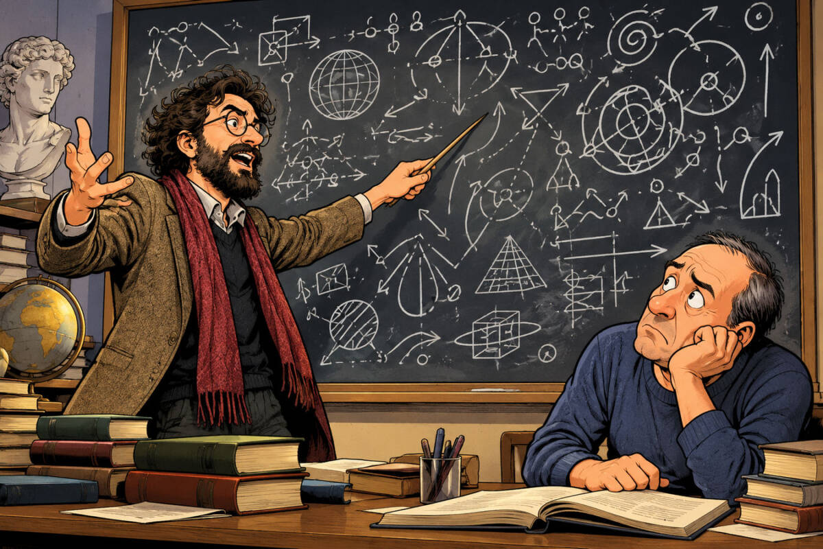 Illustrazione satirica di un intellettuale che spiega complicate teorie rivoluzionarie a un cittadino perplesso.