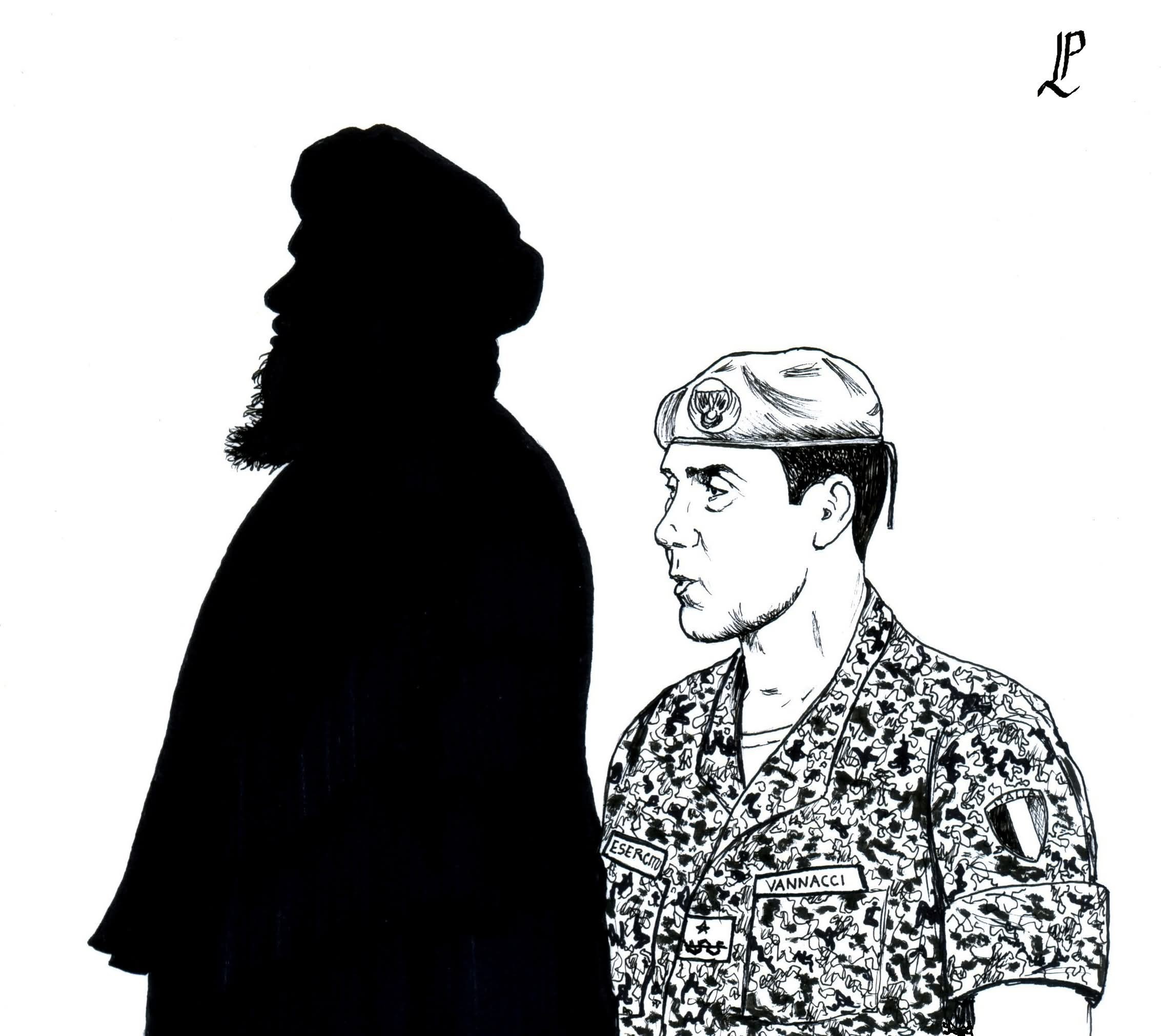 Vannacci in divisa accanto alla sagoma di un talebano nella vignetta di Paolo Lombardi