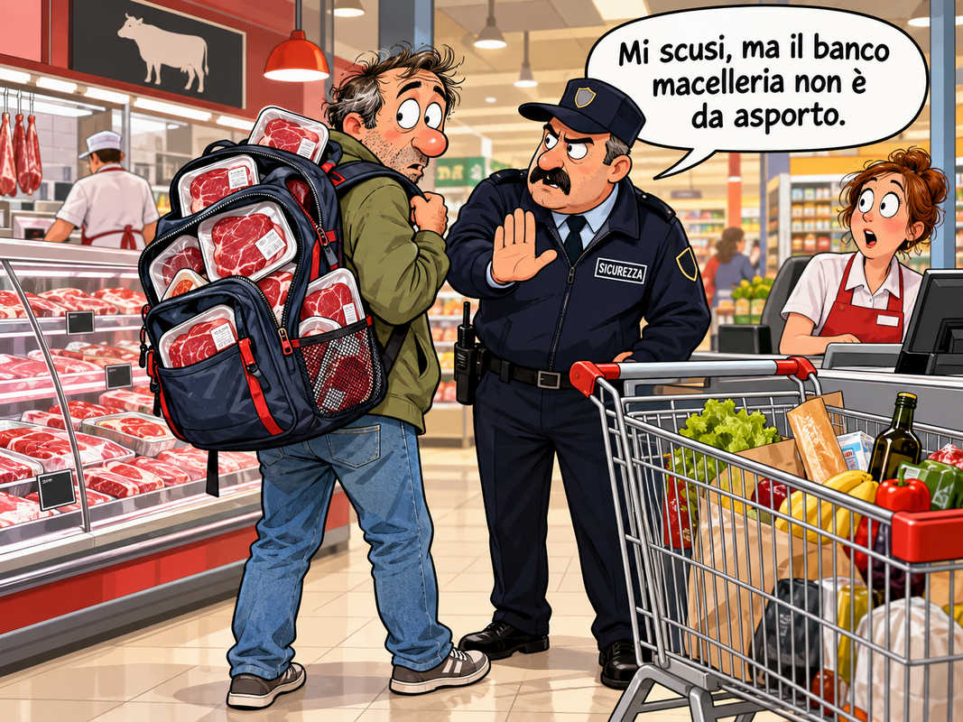 Vignetta satirica sul caso delle bistecche nascoste nello zaino a Sansepolcro